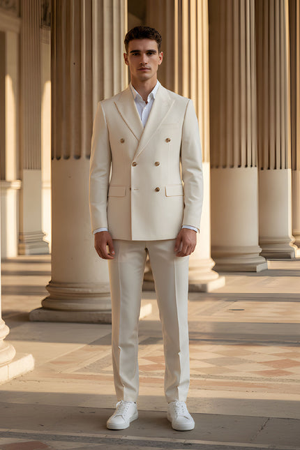 Men’s Slim Fit Cream Double-Breasted Wool-Blend Suit with Gold Buttons