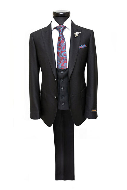 Costume noir texturé à deux boutons, coupe slim