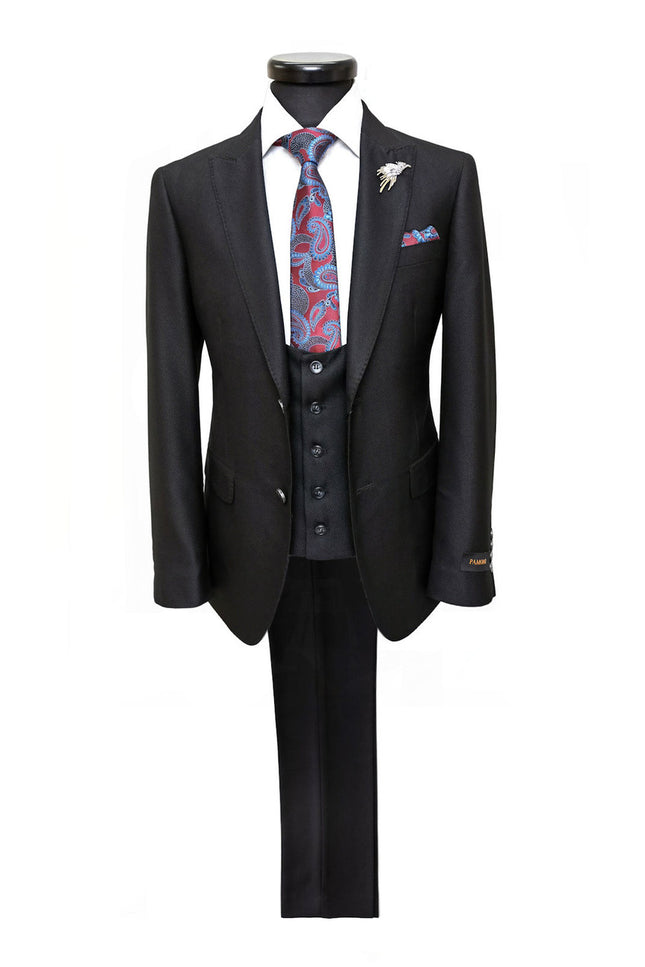 Traje negro texturizado de dos botones y corte entallado