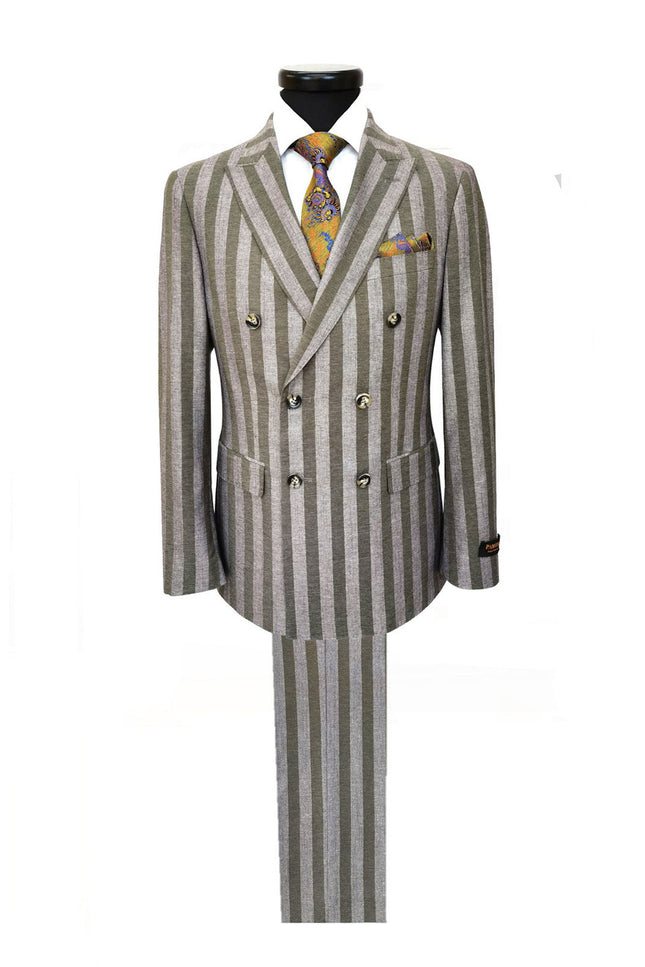 Brown Khaki Bold Stripe Double Breasted Suit