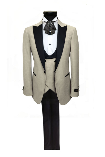 Beige 3-Piece Tuxedo With Black Peak Lapel