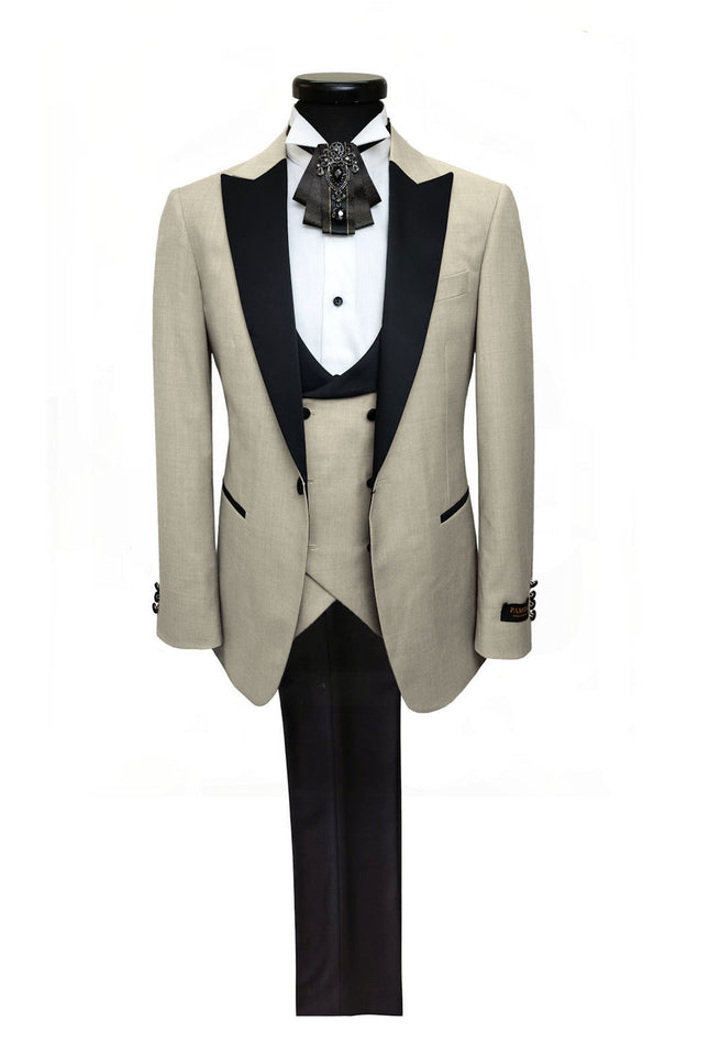 Beige 3-Piece Tuxedo With Black Peak Lapel