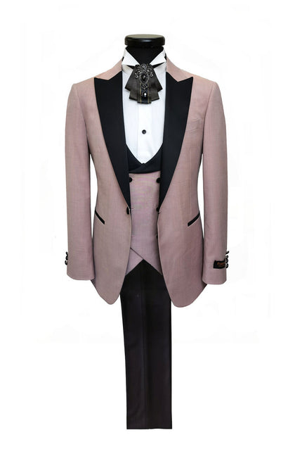 Pink 3-Piece Tuxedo With Black Peak Lapel