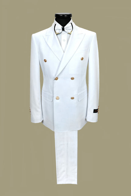 Men’s Slim Fit White Double-Breasted Wool-Blend Suit with Gold Buttons
