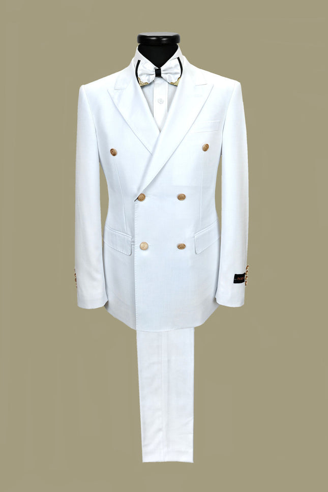 Men’s Slim Fit White Double-Breasted Wool-Blend Suit with Gold Buttons