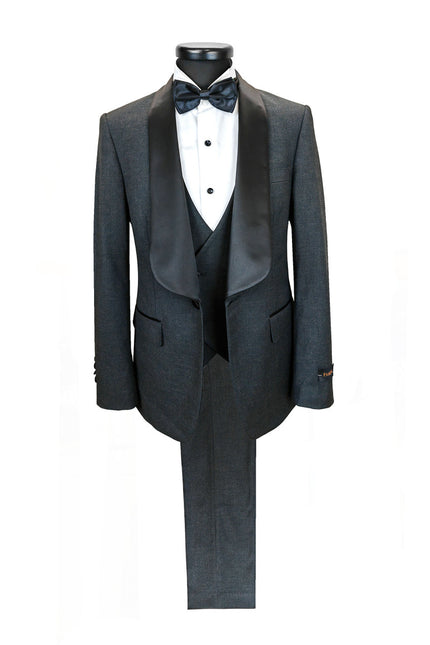Men’s Slim Fit Wool-Blend Tuxedo with Satin Shawl Lapels – Charcoal
