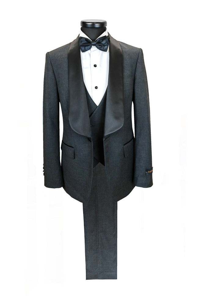 Men’s Slim Fit Wool-Blend Tuxedo with Satin Shawl Lapels – Charcoal
