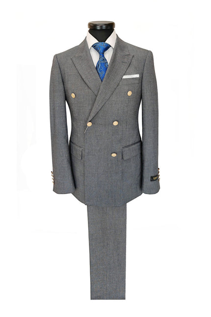 Grey Double-Breasted Slim Fit Wool Blend Suit