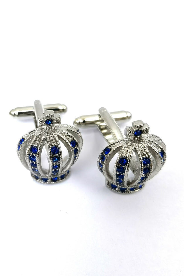 Silver Crown With Blue Gem Stone Cufflinks