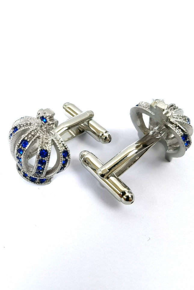 Silver Crown With Blue Gem Stone Cufflinks