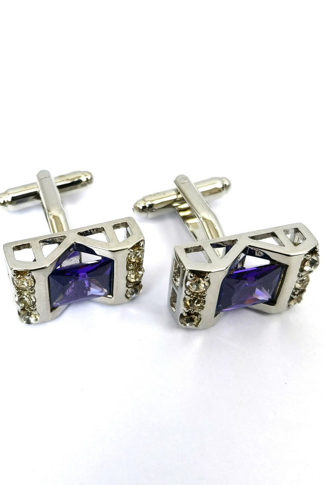 Silver Purple Gem Stone Rectangle Cufflinks