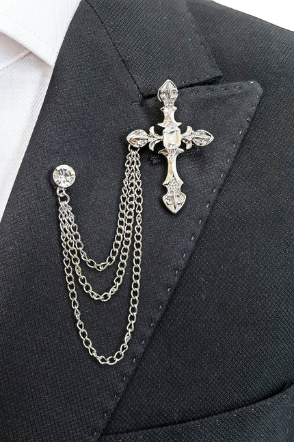 Jewelled Silver Cross Chain Lapel Pin