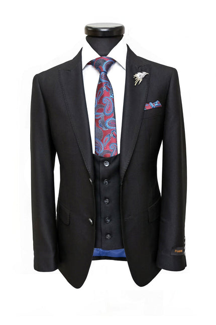 Costume noir texturé à deux boutons, coupe slim