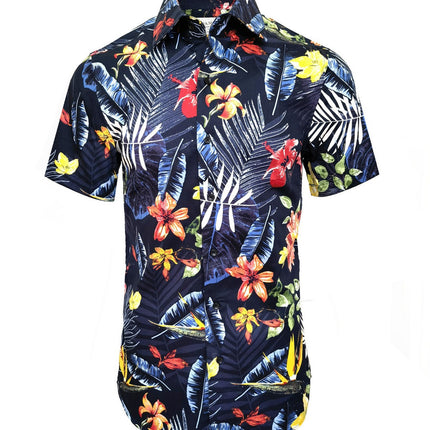 Navy Flower Print Short Sleeves Shirt