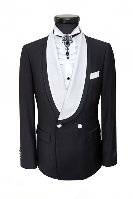 Black Double Breasted Tuxedo With White Shawl Lapel