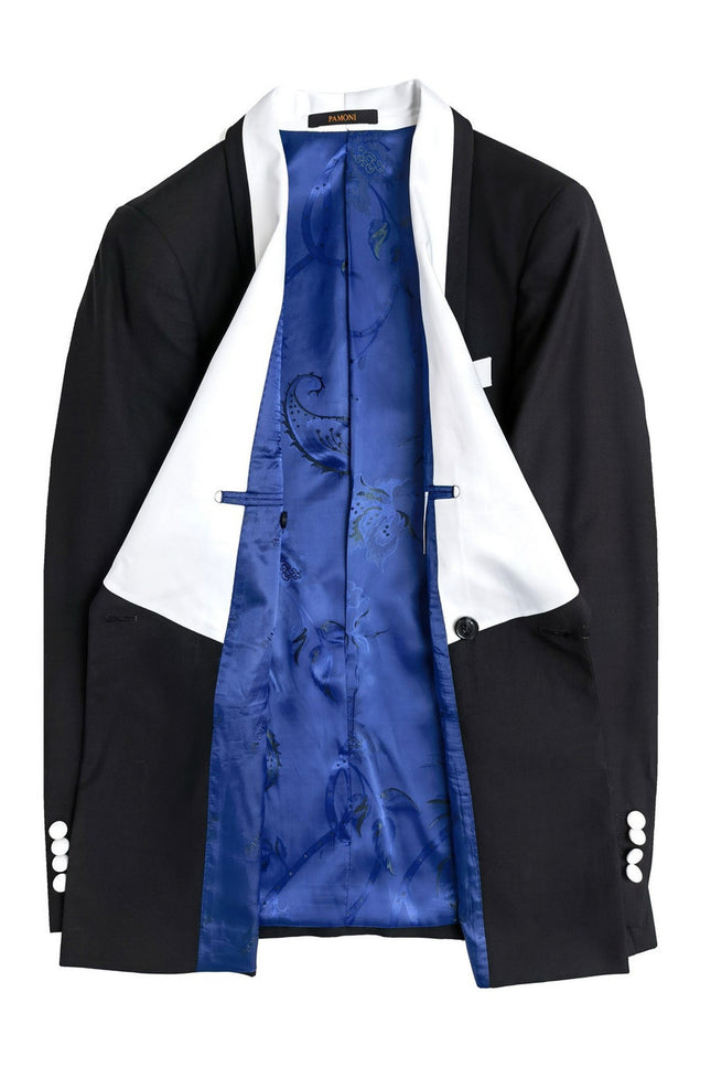 Black Double Breasted Tuxedo With White Shawl Lapel