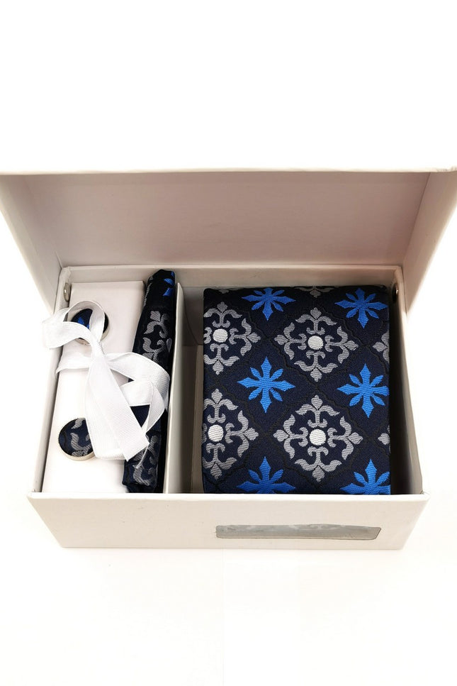 Blue Silver Geometric Tie & Cufflinks Set