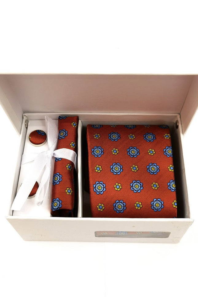 Coral & Blue Geometric Tie & Cufflinks Set