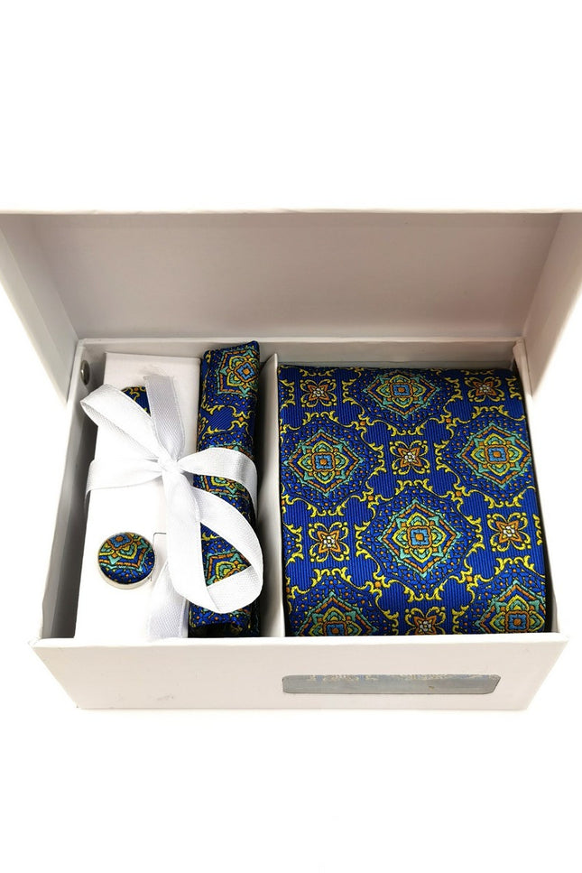 Royal Blue Floral Geometric Tie & Cufflinks Set