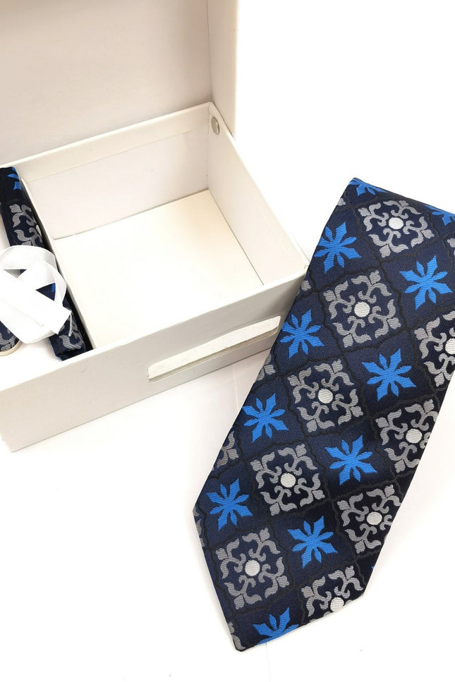 Blue Silver Geometric Tie & Cufflinks Set