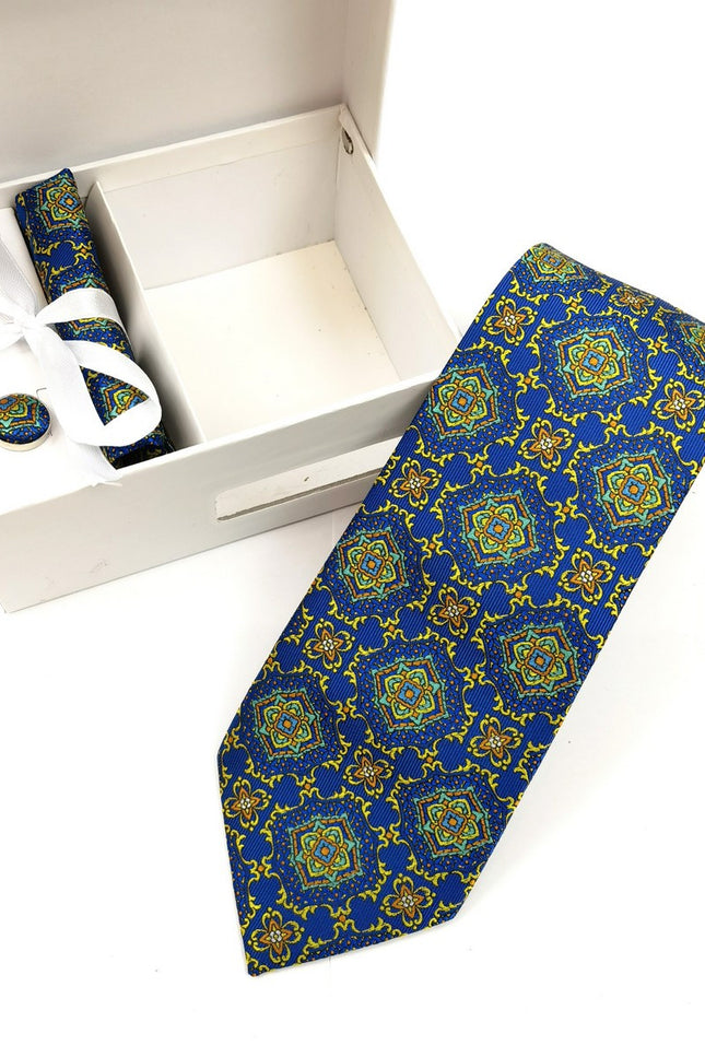 Royal Blue Floral Geometric Tie & Cufflinks Set
