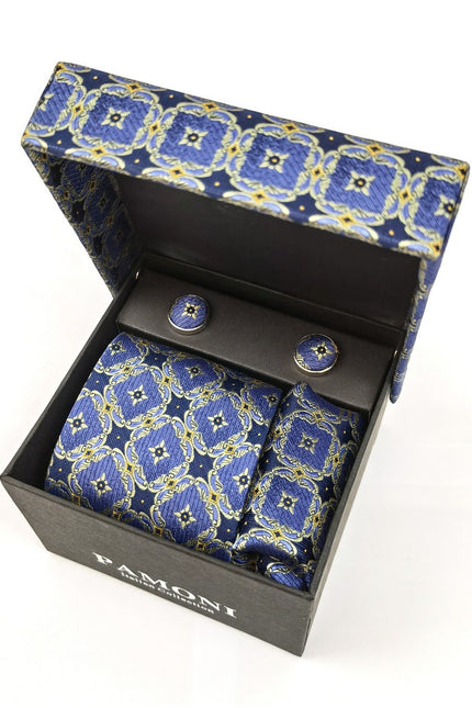 Blue And Grey Geometric Tie & Cufflinks Set