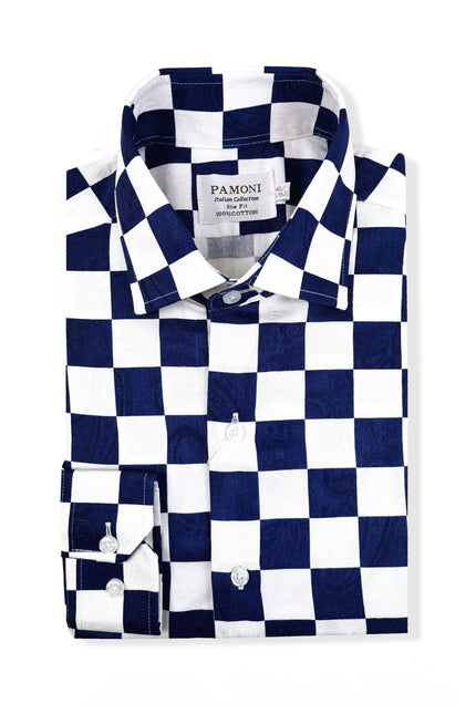 Navy Square Check Slim Fit Shirt