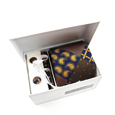 Brown and Gold Paisley Check Tie & Cufflinks Set