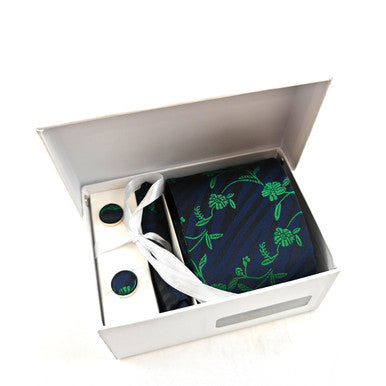 Navy Green Floral Tie & Cufflinks Set
