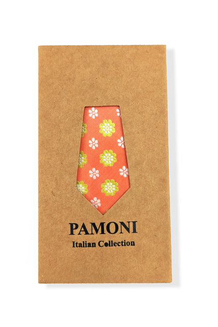 Peach Lime Flower Geometric Tie & Pocket Square Set