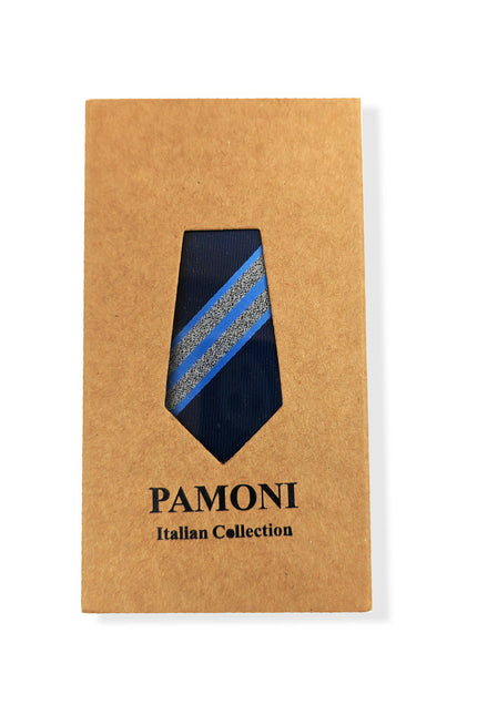 Blue Silver Bold Stripe Tie & Pocket Square Set