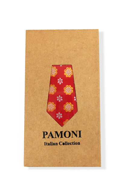 Red Yellow Flower Geometric Tie & Pocket Square Set