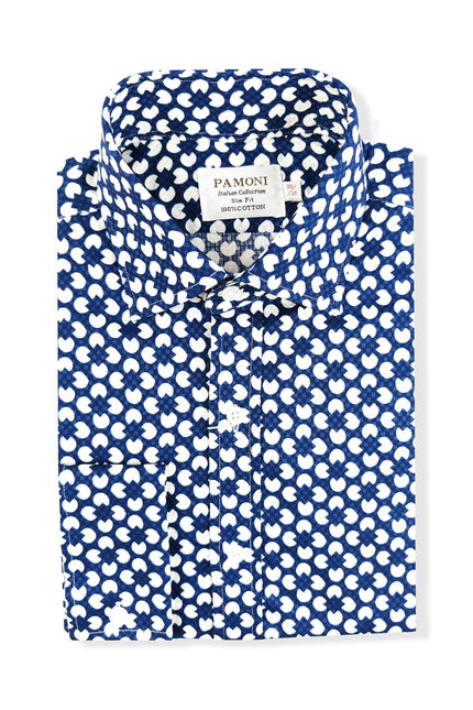 Blue and White Geometric Print Shirt