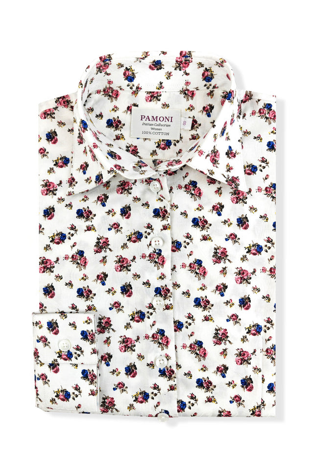 White Pink and Blue Flower Print Women's Shirt