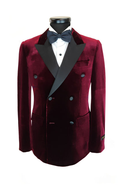 Burgundy Double Breasted Velvet Tuxedo Blazer
