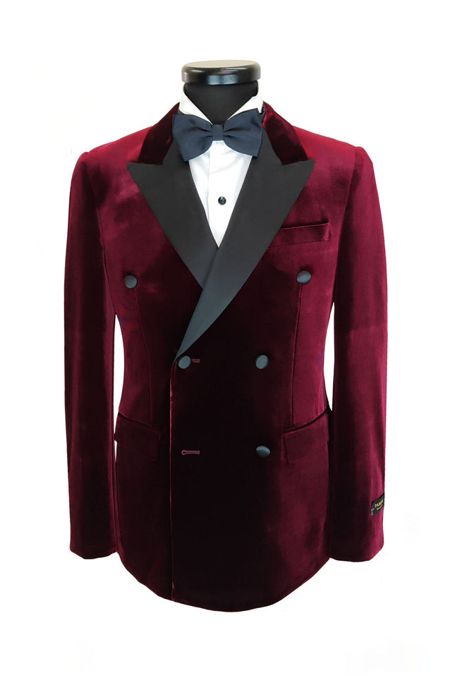 Burgundy Double Breasted Velvet Tuxedo Blazer