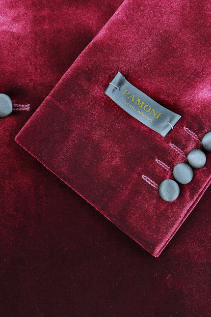 Burgundy Double Breasted Velvet Tuxedo Blazer