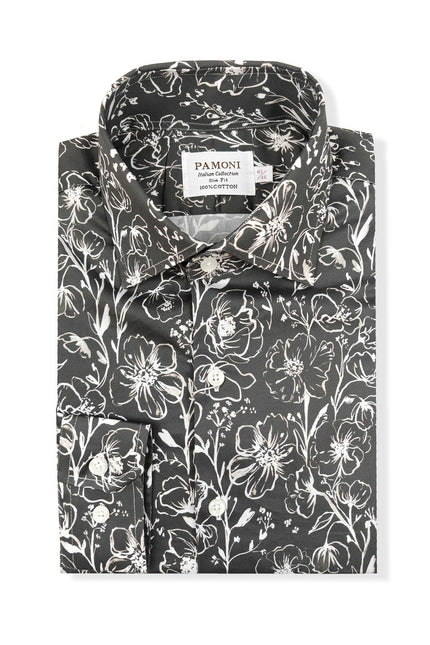 Men's Slim Fit Grey Monochrome Floral Pattern Shirt