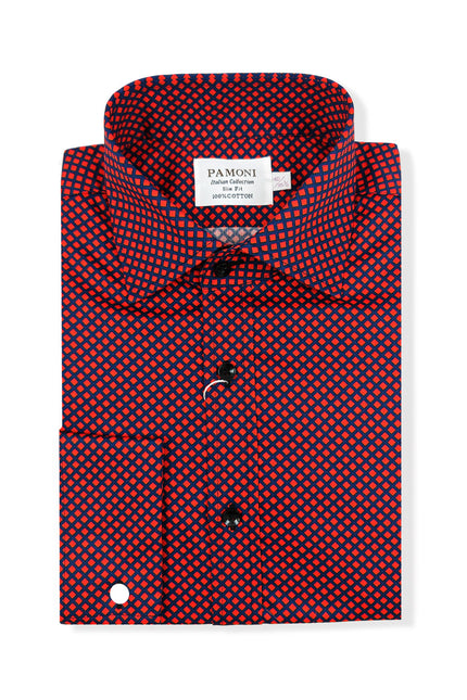 Men's Slim Fit Red & Blue Geometric Print Shirt