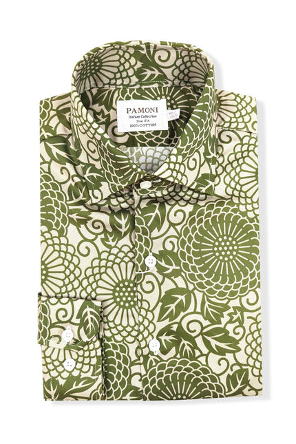 Men's Slim Fit Green Patterned Shirt