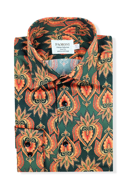 Men's Slim Fit Green Orange Patterned Shirt