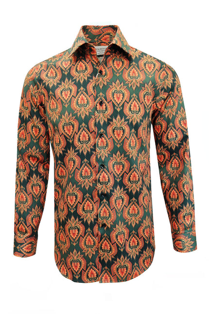 Men's Slim Fit Green Orange Patterned Shirt