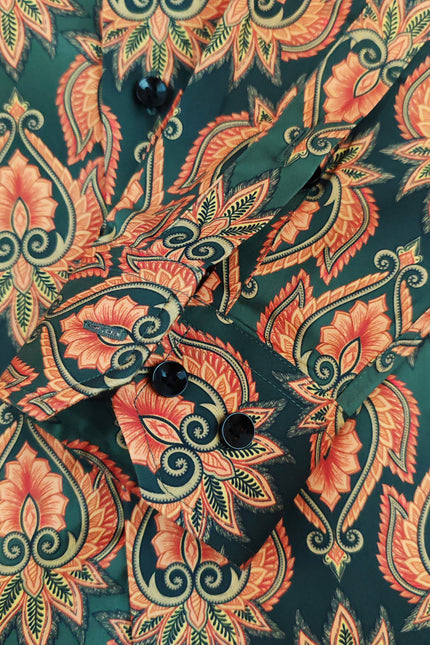 Men's Slim Fit Green Orange Patterned Shirt