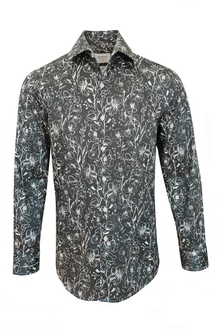 Men's Slim Fit Grey Monochrome Floral Pattern Shirt