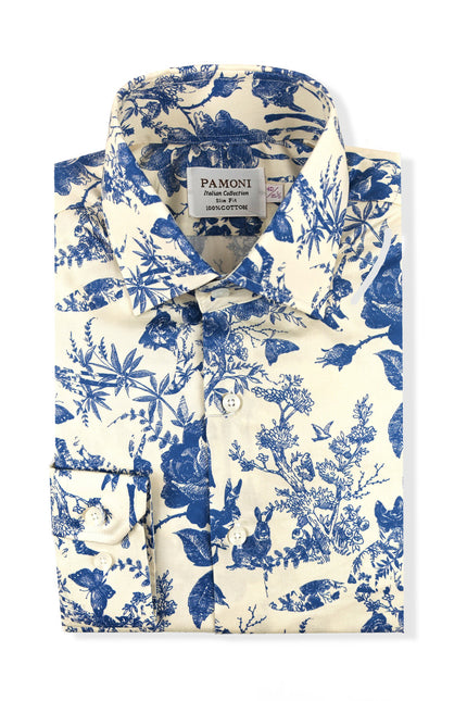 Men's Slim Fit Blue & White Nature Print Shirt