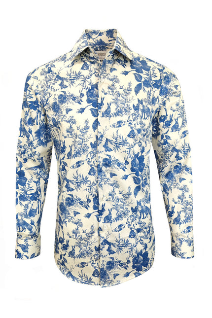 Men's Slim Fit Blue & White Nature Print Shirt