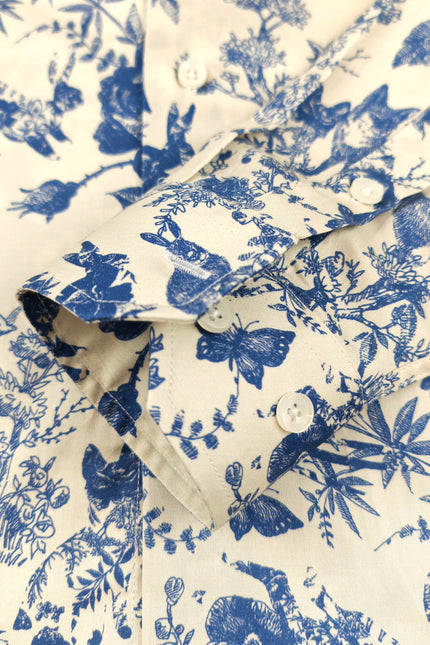 Men's Slim Fit Blue & White Nature Print Shirt