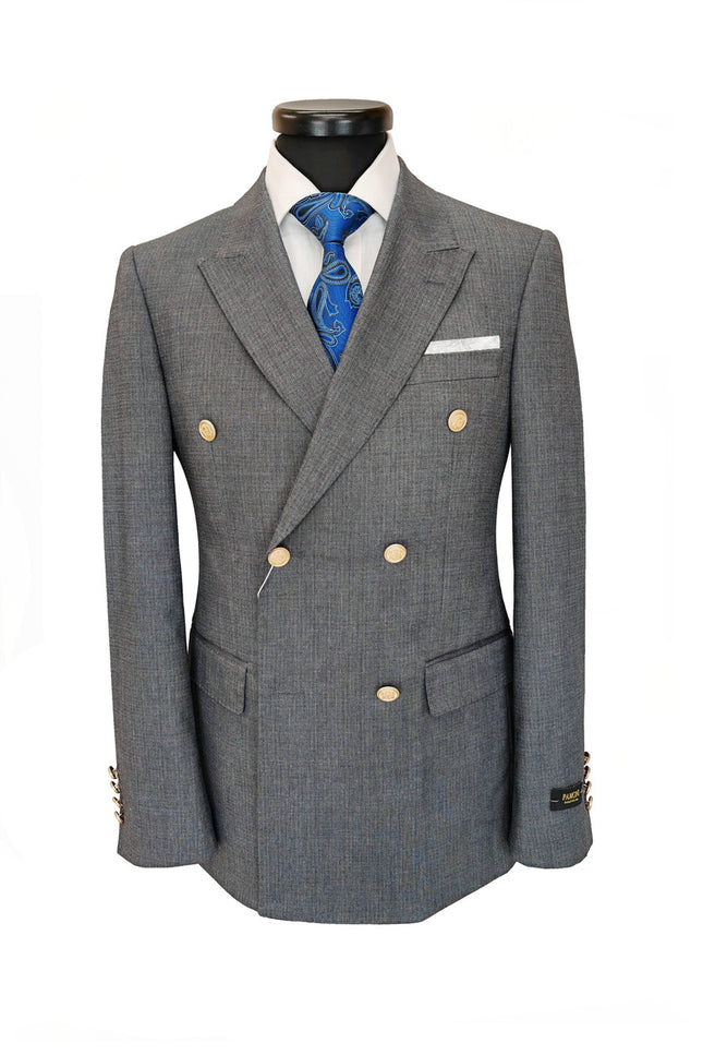 Grey Double-Breasted Slim Fit Wool Blend Suit