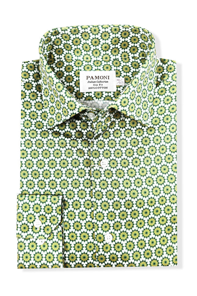 Green Geometric Print Slim Fit Cotton Shirt – Single Cuff