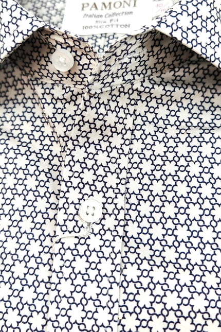 Black and White Geometric Print Slim Fit Double Cuff Shirt